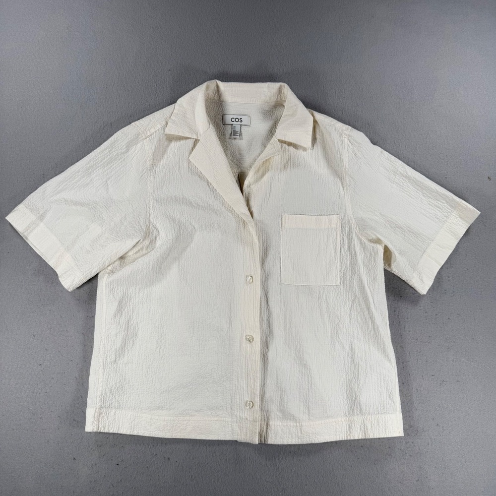 COS Off White Seersucker Short Sleeve Button Down Camp Collar Shirt Sz 6